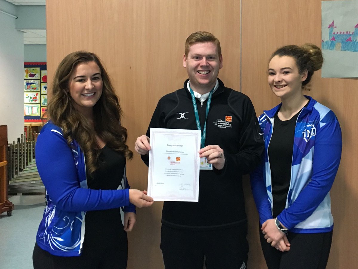 ActiveSchoolsIC's tweet photo. Congratulations to Dancemania DM Diamondz on becoming a newly accredited club with Active Schools!!! #safeclub #pathways. Here is Gemma and Chloe receiving their certificate from Active Schools' Gary https://t.co/vu6fAnJ2LX
