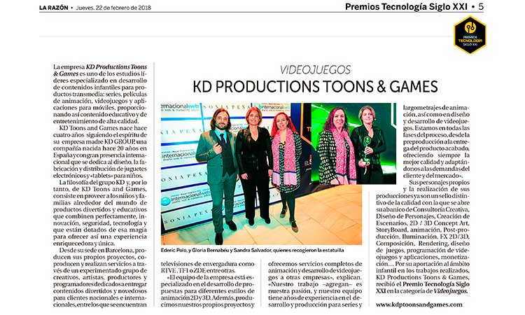 KD Toons &amp; Games ha sido premiada como la major empresa de Videojuegos en los Premios Nacionales de Tecnología Siglo XXI.
KD Toons &amp; Games was bestowed with the 'Best Video Games Company' award in the XXI Century Technology National Award.
#premiostecnologiaXXI <a href="/kdptoonsgames/">KD P Toons & Games</a>