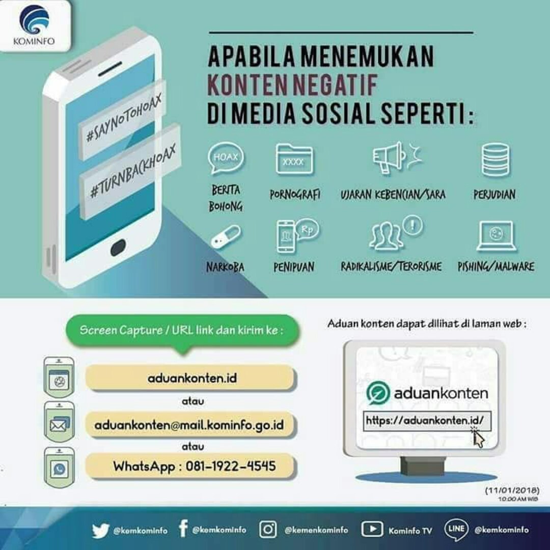 Apabila menemukan konten negatif di media sosial seperti, berita bohong (hoax), pornografi, ujaran kebencian, perjudian, narkob, penipuan, radikalisme/terorisme, phising/malware. segera lakukan langkah2 ini: >> foto