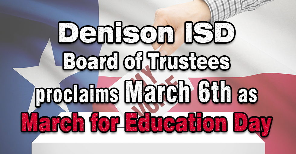 RandySedlacek's tweet photo. Thank you @denisonisd Board of Trustees for proclaiming March 6th as March for Education Day. #MarchForEducation #SeeYouAtThePoll #txed  #GoVote https://t.co/PmqlUq0WQf
