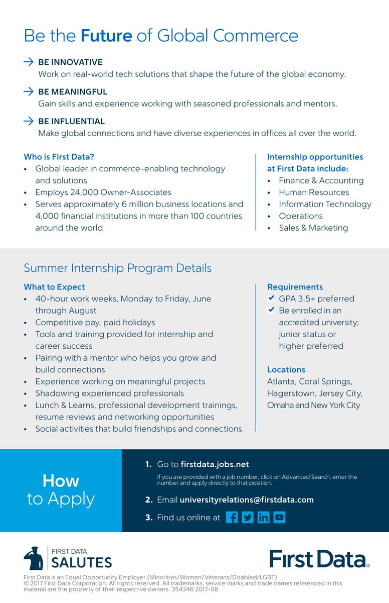 cuny_careers's tweet photo. Would you like to work full time over the summer? Look no further, FirstData is here to help! Internship opportunities include accounting &amp; finance, information technology, sales &amp; marketing, operations, and human resources. More information below! #CUNY #CareerServices https://t.co/oYqJAEHB7J