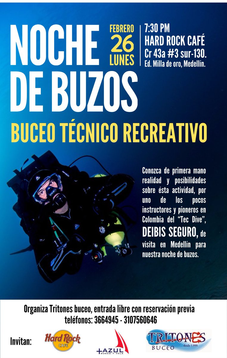 tritonesbuceo's tweet photo. ¿Buceo profundo?, ¿buceo con mezclas gaseosas?, ¿reinhaladores?, y... ¿todo esto para buzos recreativos? Conozca de primera mano y de uno de los pocos instructores y pioneros en Colombia del “Tec Dive”, la realidad y posibilidades de estas actividades dentro del buceo recreativo. https://t.co/I4WWDoievq