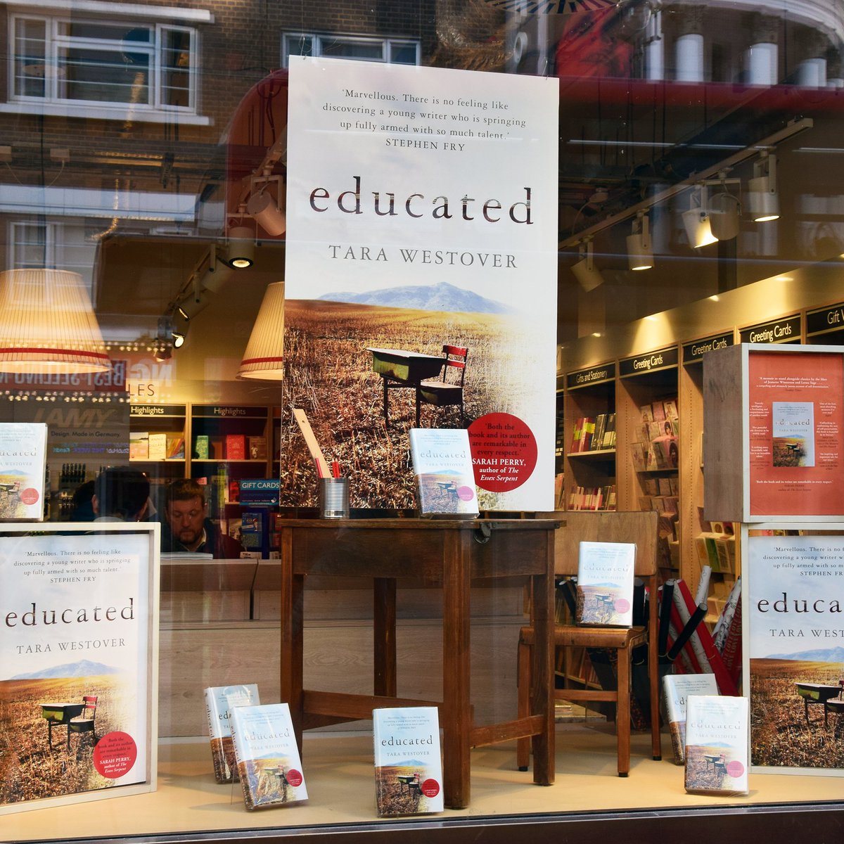 Foyles's tweet photo. Take a look at our flagship Charing Cross Road window for the absolutely incredible @PenguinUKBooks memoir #Educated by @tarawestover - available to buy online or reserve instore via https://t.co/6ypU4HPhU0 https://t.co/oQo62Knyww