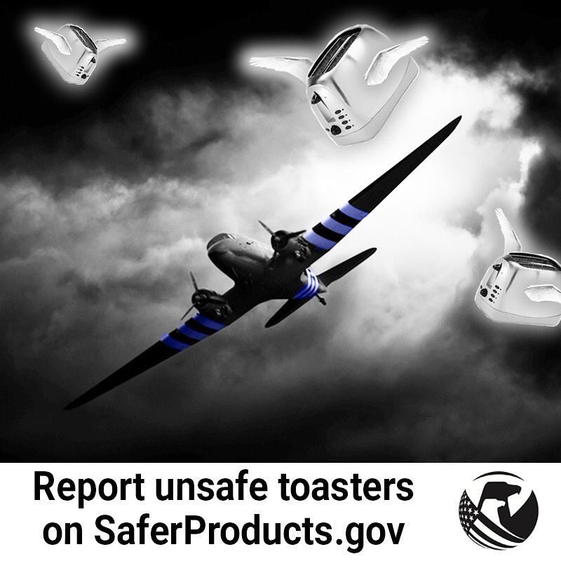 A plane being chased by flying toasters with wings.