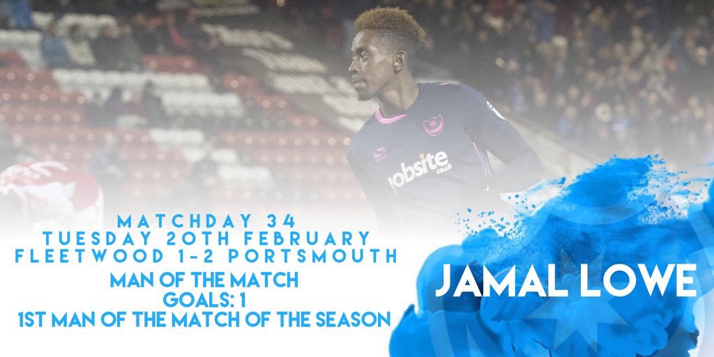 PurelyPompey's tweet photo. FLEETWOOD TOWN (A) MOTM | You have voted Jamal Lowe as Man of the Match in #Pompey’s nail-biting victory at Highbury Stadium on Tuesday night! #PUP #PFC https://t.co/teBpdqf5Mp