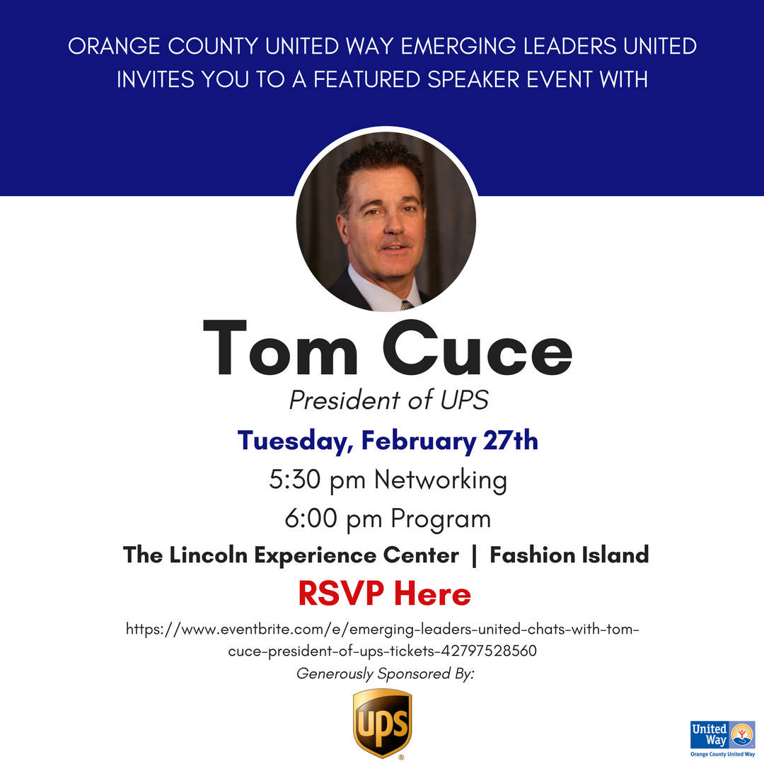 unitedwayoc's tweet photo. #EmergingLeadersUnited and @UPS invite you to join us for a lively discussion and Q&amp;A with featured speaker Tom Cuce, President of UPS on Feb 27th. RSVP: https://t.co/RvTcOgvNE9

TY @UPS  for your sponsorship &amp; support in growing our next generation of leaders! #EmergingOC #UPS https://t.co/78Xjpql7EI