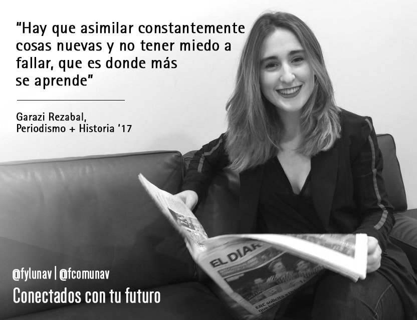 fcomunav's tweet photo. "Hay que asimilar constantemente cosas nuevas y no tener miedo a fallar, que es donde más se aprende", por @garazirezabal (Periodismo + Historia '17) #alumnosfcomunav #employability #fcomconecta https://t.co/PfARJiTQBR https://t.co/ec1Xz3nghR