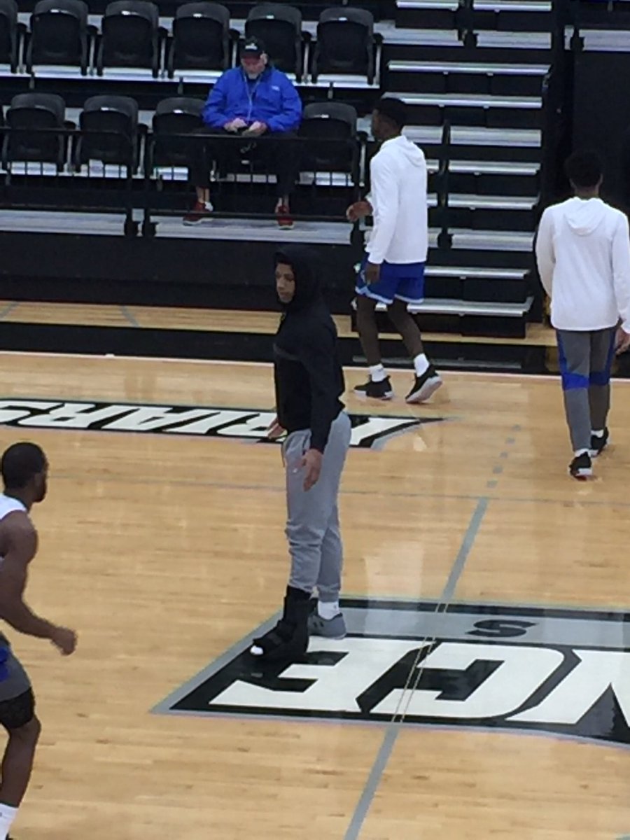 DavePopkin's tweet photo. Desi Rodriguez out today with ankle sprain. In a boot. His return is uncertain. On floor rooting teammates on. Just made a 3 (of course). #DunkinDesi #HALLin https://t.co/Jy2Dq99fjY