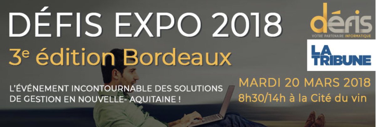 Participez à DÉFIS Expo 2018, mardi 20 mars 2018 à la Cité du Vin. Au programme : une table ronde animée par La Tribune, des ateliers DÉFIS autour des solutions de gestion et un cocktail business réseau  👉 Inscrivez-vous en ligne ici : bit.ly/2BwLvOI