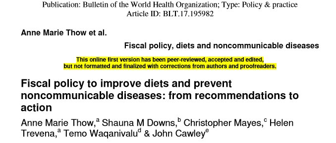Great to see a review by Anne Marie Thow and fellow authors providing information on the 'how to' with regards to fiscal policy to improve diets and prevent NCDs. who.int/bulletin/onlin…