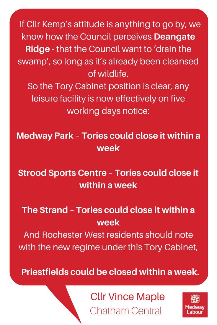MedwayLabour's tweet photo. 'So the Tory Cabinet position is clear, any leisure facility is now effectively on five working days notice... And #Rochester West residents should note with the new regime under this #Tory Cabinet, #Priestfields could be closed within a week.' @vincemaple #medwaybudget https://t.co/VlcXoKVnwN