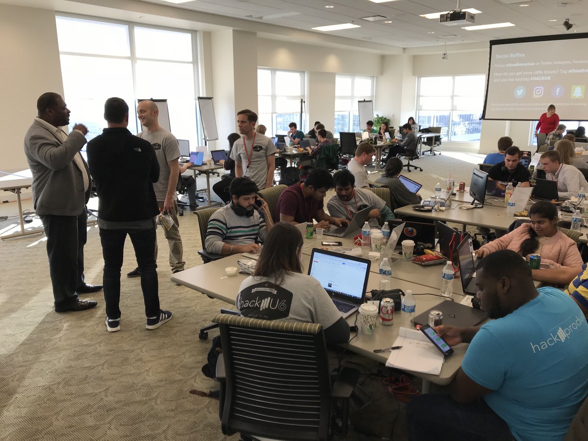 DomEnterprises's tweet photo. Day 1 in full force! #HackU6 The grand prize awarded this year is a scholarship of $10,000 to be divided among the members of the winning team. The second place team receives a $5,000 scholarship and third place receives $2,500. https://t.co/sGFMgMBCQo