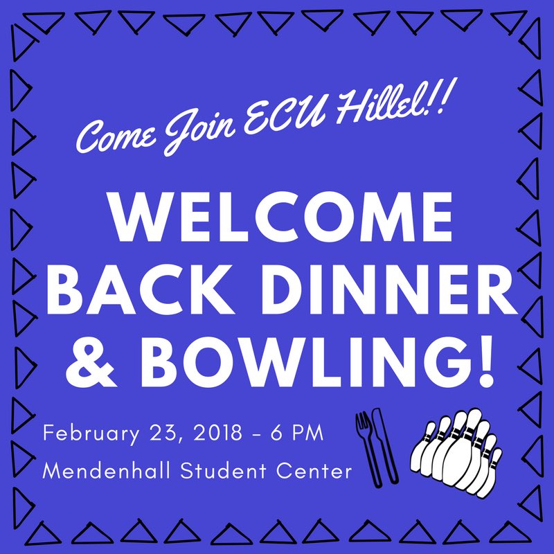 Tommorow night is our first event of the semester! Join us for dinner and bowling in Mendenhall at 6pm! #ecu18 #ecu19 #ecu20 #ecu21 #hillel