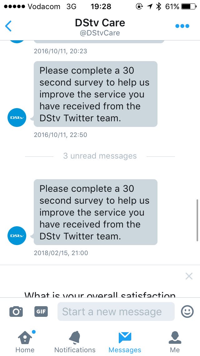 Ros_Siddle's tweet photo. @DStvCare all you have done is send me a DM survey.. not sure why we need to take this convo "offline" https://t.co/axtyMGTZKI