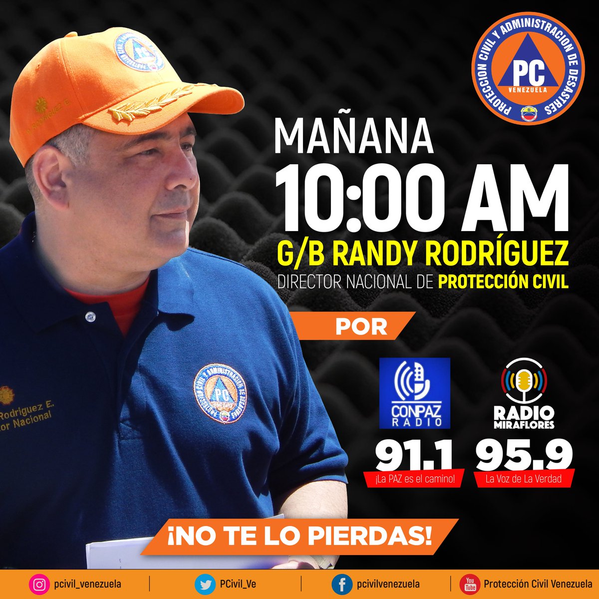 PCivil_Ve's tweet photo. #PCinforma || Mañana #23Feb te invitamos a sintonizar "Camino a la Paz" por @ConPazRadio y @FmMiraflores, donde estará presente el Director Nacional de #ProteccionCivil, G/B Randy Rodríguez.
 #MasEleccionesEsDemocracia https://t.co/vP6qx8PYUE
