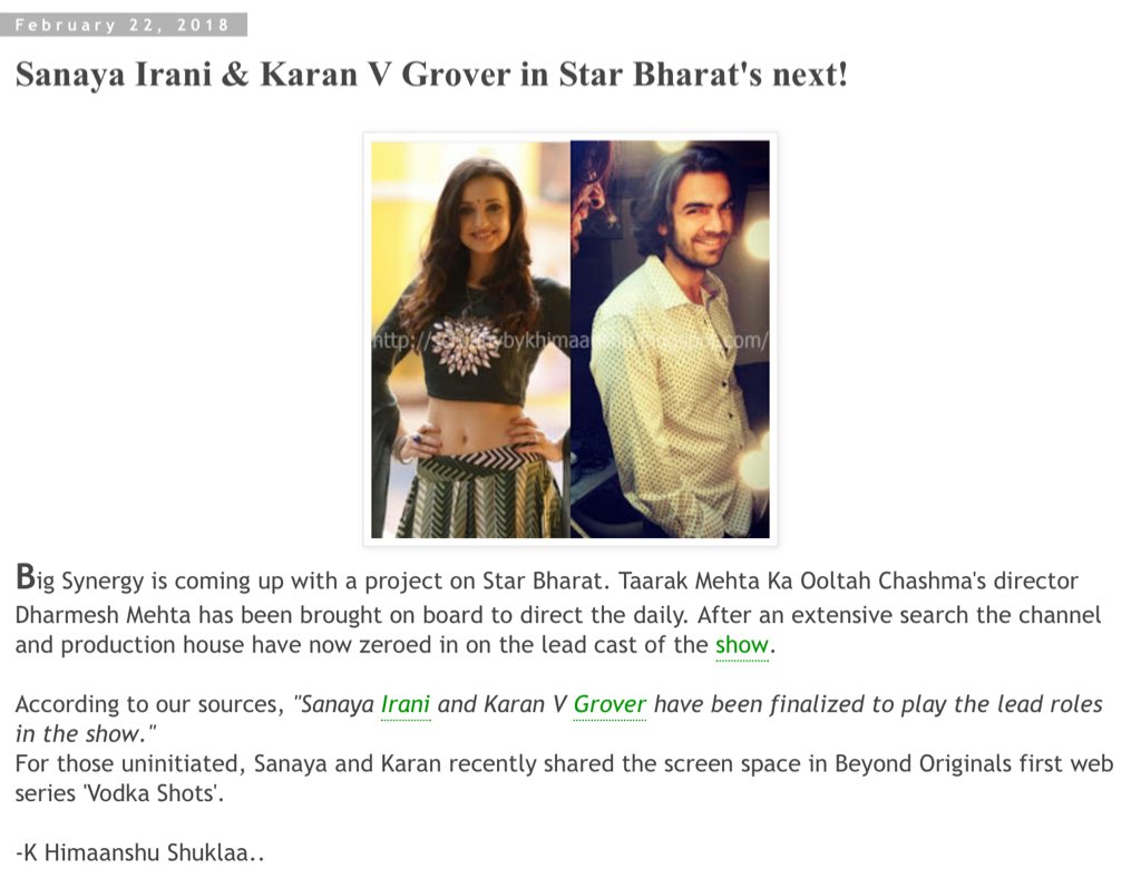 Sanaya Irani & Karan V Grover in Star Bharat's next! #SanayaIrani scrutinybykhimaanshu.blogspot.co.id/2018/02/sanaya…