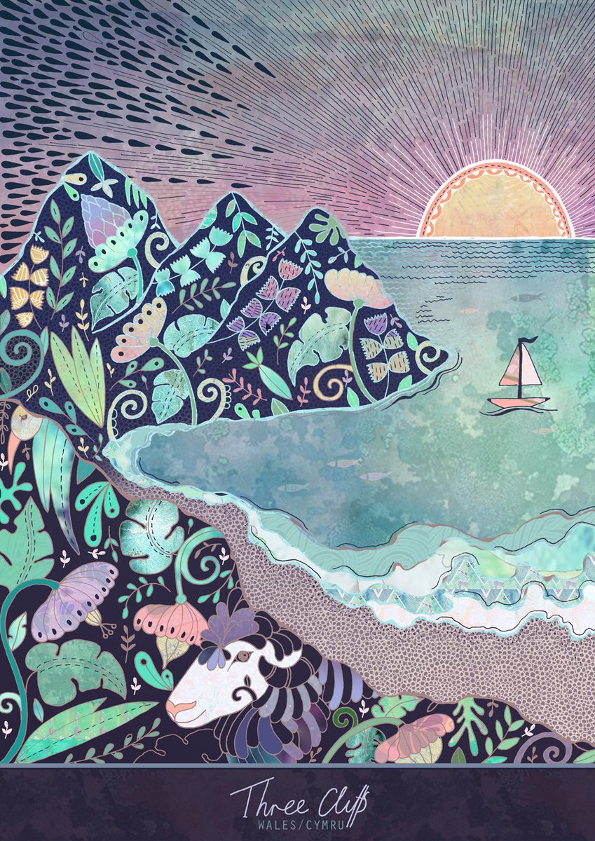 hannahDdesigns's tweet image. #threecliffs #gower #Wales #walking #ocean #beach #illustration #handdrawn #hannahdavies