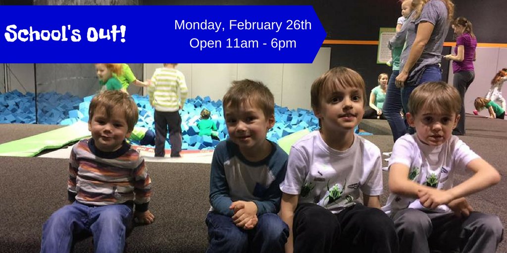AirFXCR's tweet photo. No school for Cedar Rapids Schools on Monday, February 26th. We'll be open 11am to 6pm. #noschool #shoolsout #airfxcr https://t.co/rsiom5lgYE