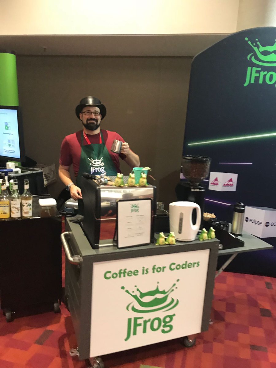 jfrog's tweet photo. Live demos, @jbaruch showing off his talent as a barista, and the brand new JFrog 2018 T-shirt all happening right now @devnexus! Stop by the booth to get one or even all of the above.
#devnexus2018 https://t.co/0rN9C3WEzP