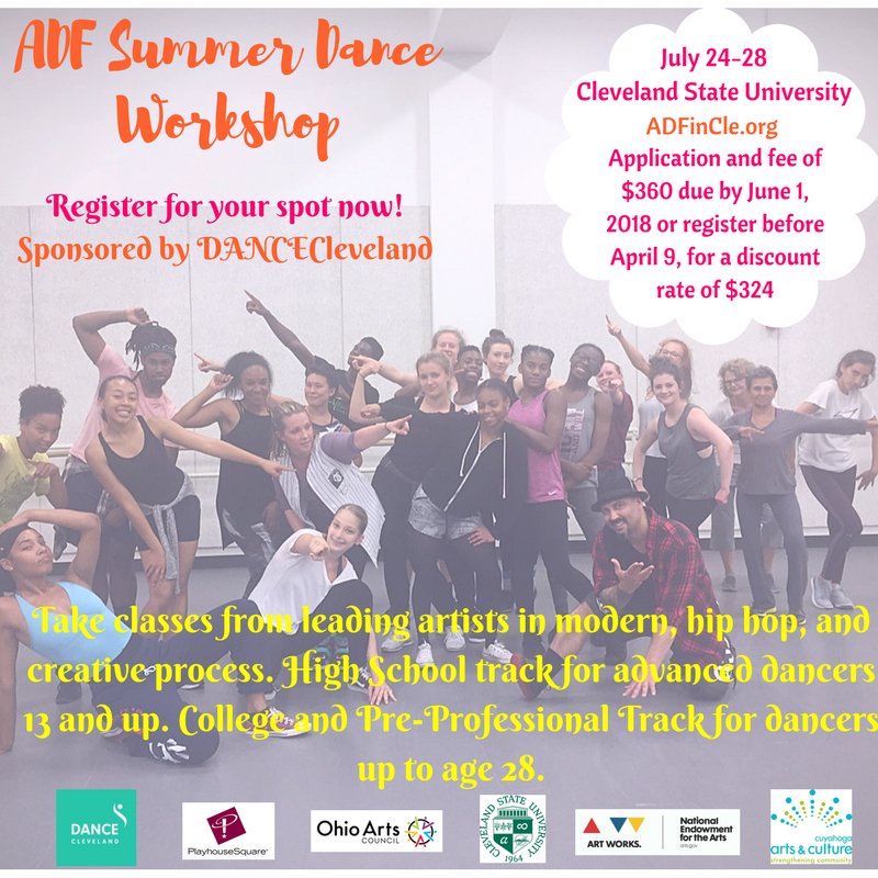 DANCECleveland's tweet photo. ADFinCLE 2018 Summer Dance Workshop is taking place again July 24th- 28th at @csudrama presented by @DANCECleveland ! Take classes in modern, hip hop, creative process & more! For dancers 13-18. More info at https://t.co/BSaE8GhKp9. #ADFinCLE #Summerdance https://t.co/mWpFFX4eyX