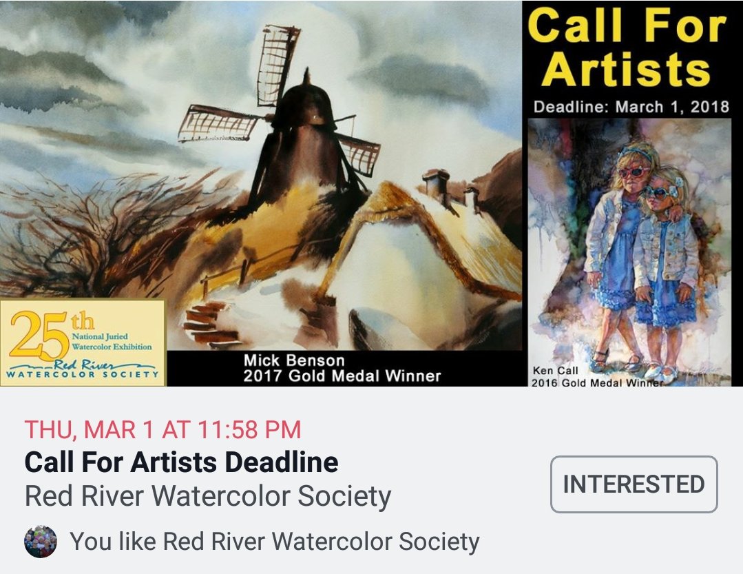 FMVA's tweet photo. Deadline is Mar 1 for 25th anniversary of Red River Watermedia Exhibition.  Register online at: https://t.co/anMyXpwB4y.  
#watercolor #watermedia #watercolorpainting #watercolorexhibition #redriver #redriverwatercolorsociety #entry #entries #callforartists #callforartist https://t.co/Dr9yCFVpo7