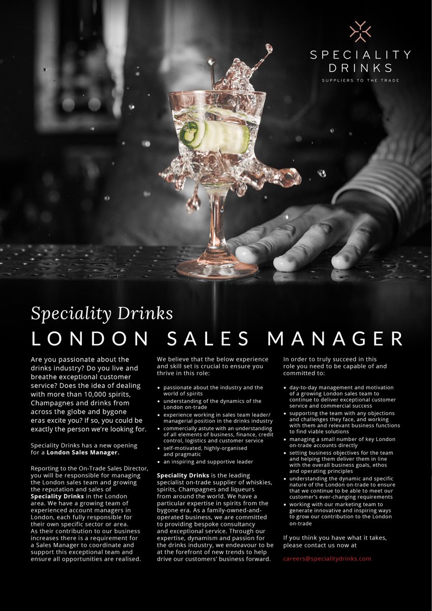 SpecialityDrink's tweet image. Are you passionate about the drinks industry? Do you live and breathe exceptional customer service? Does the idea of dealing with more than 10,000 spirits, Champagnes and drinks from across the globe and bygone eras excite you? If so, please contact careers@specialitydrinks.com