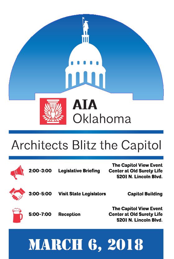 Advocacy is important to help protect the Profession of Architecture. Help us build relationships with Oklahoma Legislators at #ArchitectsBlitz18. March 6. Register at aiaok.org #AdvocacyMatters