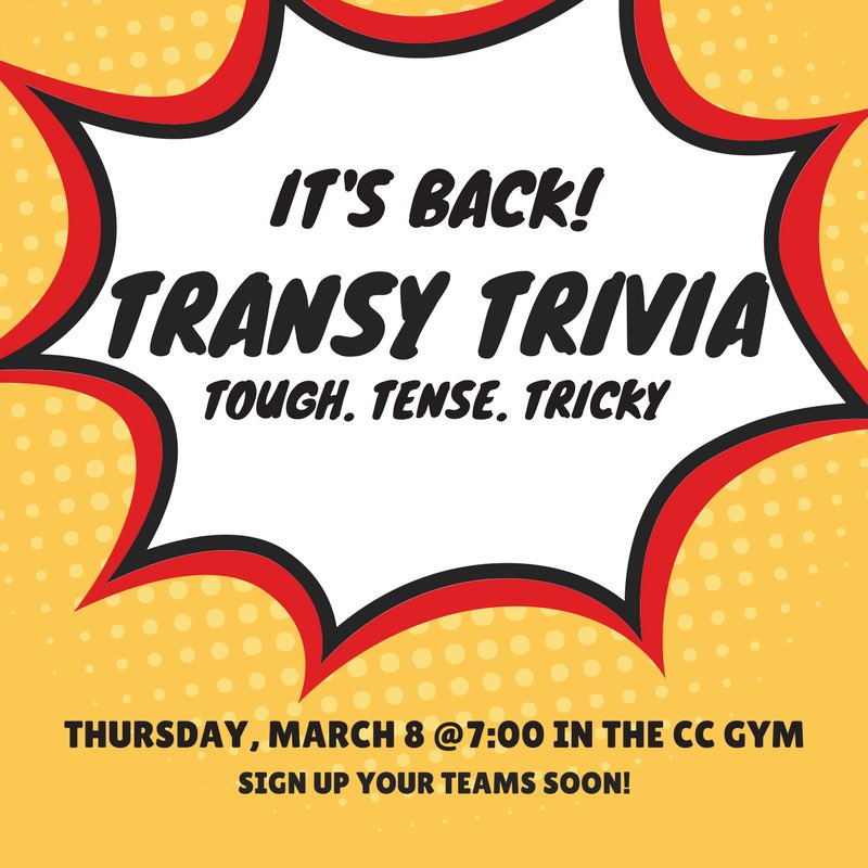 TransySAB's tweet photo. We are so excited to bring Transy Trivia back! Use the link below to sign up teams of 4 to compete against other student, faculty, and staff teams! We are so pumped so help us spread the word! 
https://t.co/CEY4x11WiY https://t.co/VnfFk3kc02