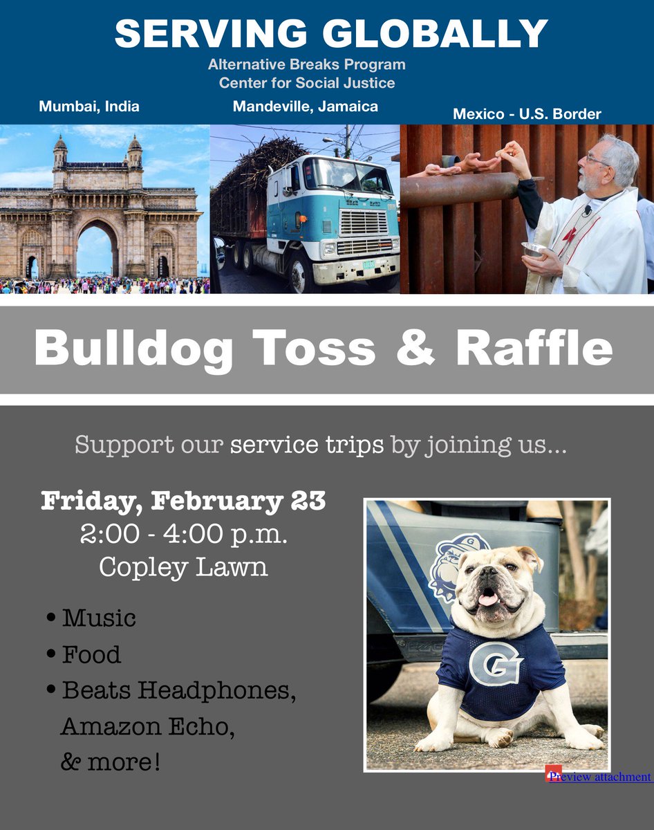 gualtbreaks's tweet photo. Support our ABP international Magis trips by attending our Bulldog Toss and Raffle this Friday, February 23rd on Copley Lawn 2-4pm. For more information please email altbreaks@georgetown.edu or mollie.vita@georgetown.edu. https://t.co/MfarBLOI9K