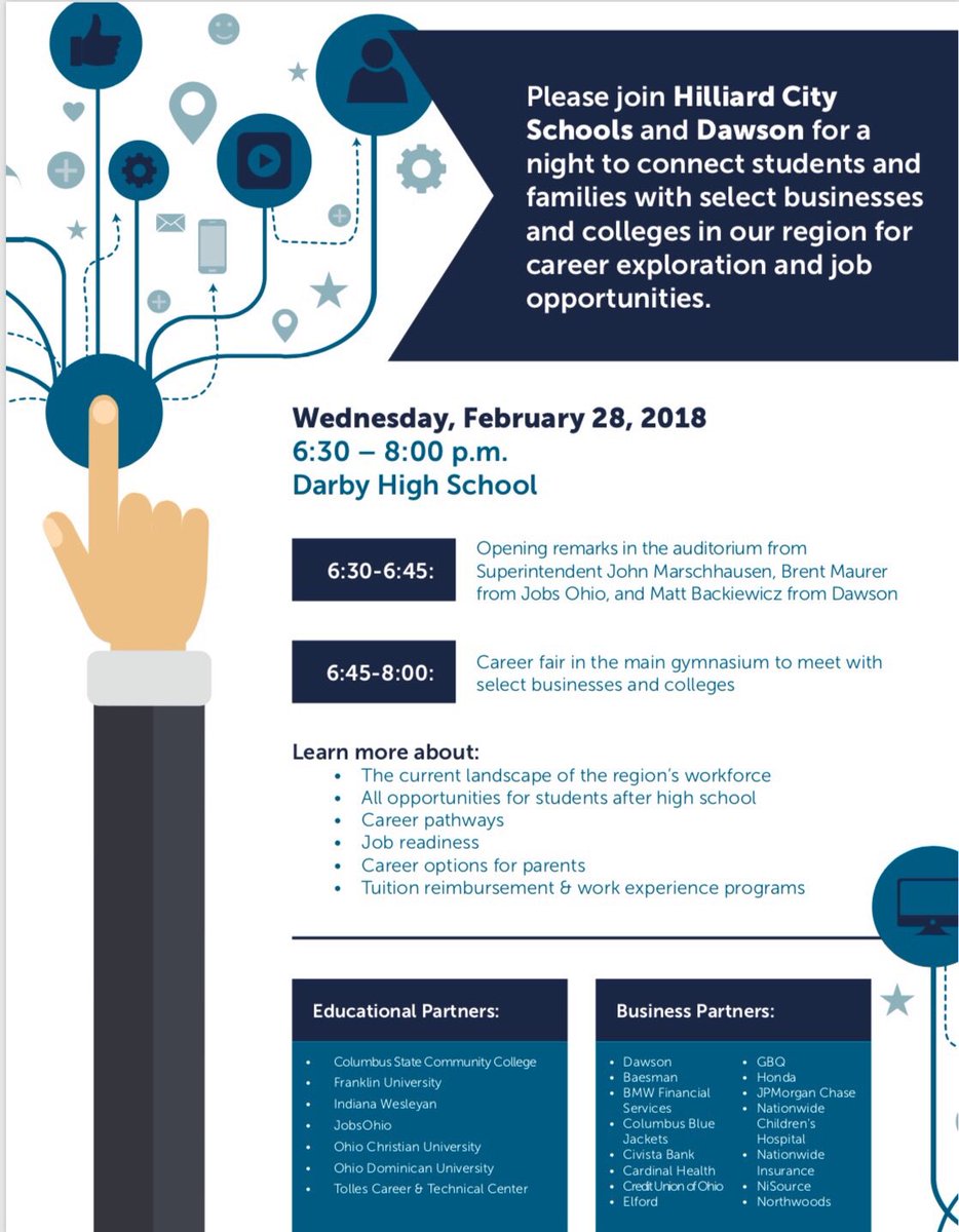 Please join <a href="/HilliardSchools/">Hilliard Schools</a> and <a href="/DawsonColumbus/">Dawson</a> for a night to connect students and families with businesses and colleges in our region for career exploration and job opportunities! #ready4tomorrow <a href="/NiSourceInc/">NiSource</a> <a href="/HilliardChamber/">Hilliard Chamber</a> <a href="/10TV/">10TV</a> @ThisWeekNews @ThisWeekCorvo <a href="/memorial_ms/">Memorial M.S.</a>