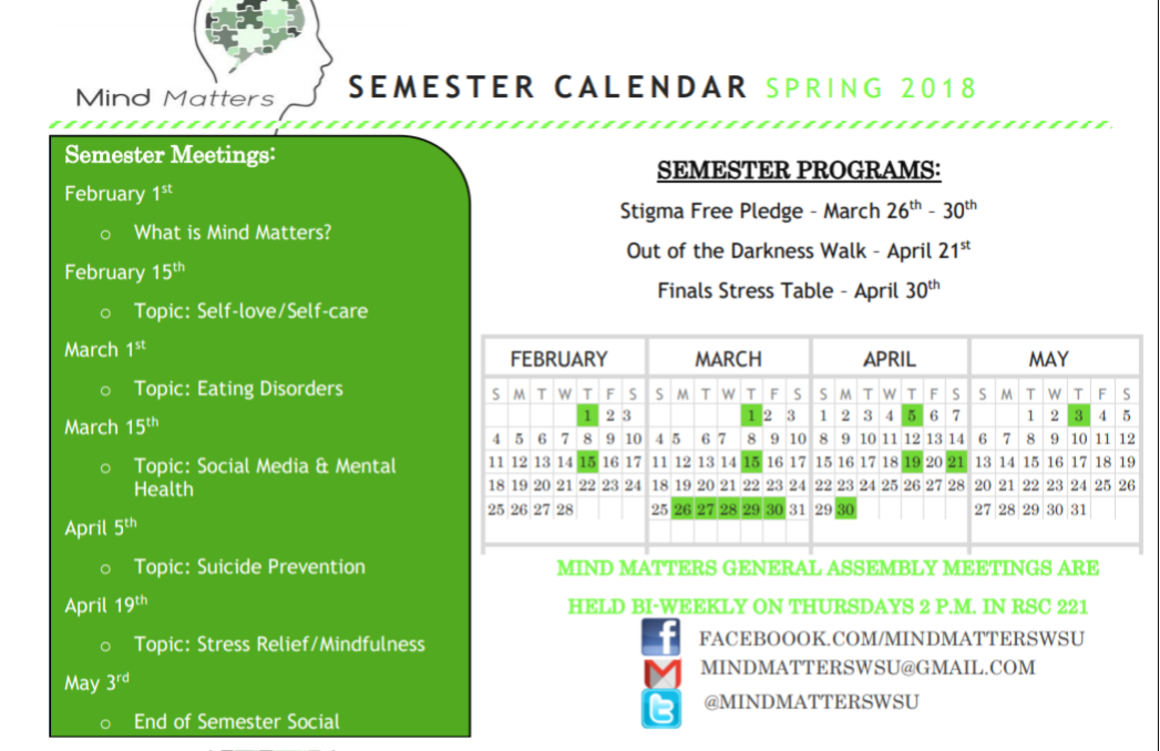 active_mindsWSU's tweet image. Here is the Mind Matters 2018 Spring semester calendar. We are excited to see everyone at meetings and events this semester!