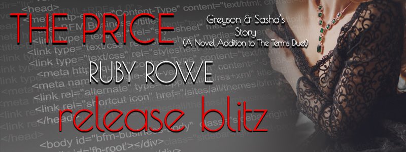 MusingsoftheMB's tweet photo. #NOWLIVE THE PRICE: Greyson and Sasha’s Story (A Novel Addition to THE TERMS DUET) by @authorrubyrowe Grab your copy today for #99cents → https://t.co/Tab8112uH0 Enter #GIVEAWAY! → https://t.co/7XpG7gaXOj #newrelease #romanticsuspense #RubyRowe https://t.co/UMO2CAP1Ah