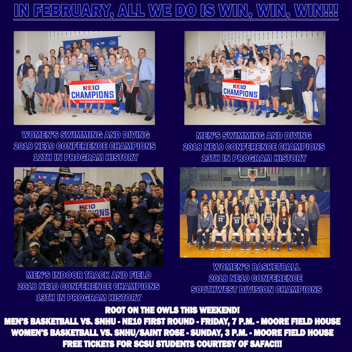 February has treated us well so far! In addition to this list, add on 4 <a href="/TheNortheast10/">The NE10</a> Most Outstanding Performers and a runner-up team finish from @SCSUTF women's squad! Not done yet! @SCSUtweet <a href="/SCSUBlueCrew/">Blue Crew</a>