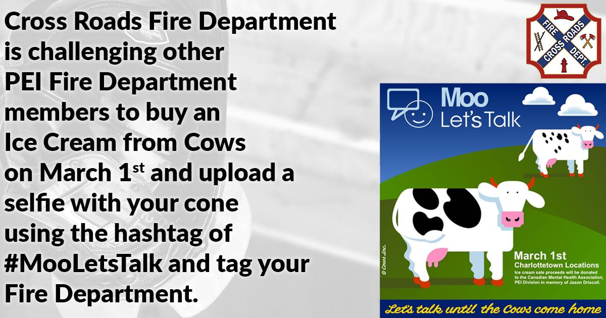 CrossRoadsFire's tweet photo. Please like and share to help support The Canadian Mental Health Association Prince Edward Island Division in memory of Jason Driscoll. #MooLetsTalk https://t.co/hbscRgZIvS