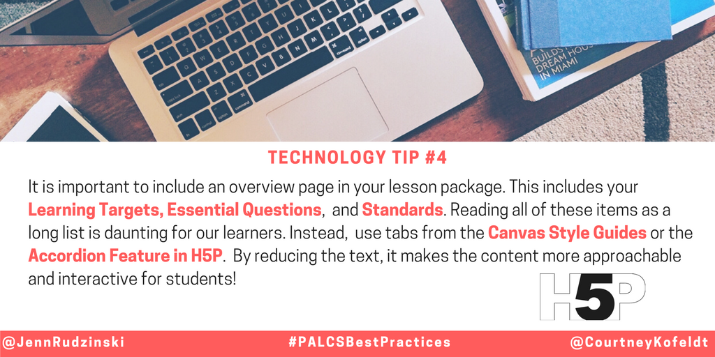 CourtneyKofeldt's tweet photo. Week #4 of #PALCSBestPractices: Our focus is on your Lesson Package in @CanvasLMS, specifically your Overview Content Page which includes learning targets &amp;standards/anchors. Rather than being too text heavy, utilize tabs or the accordion function using @H5PTechnology! https://t.co/96FYRhh3bl