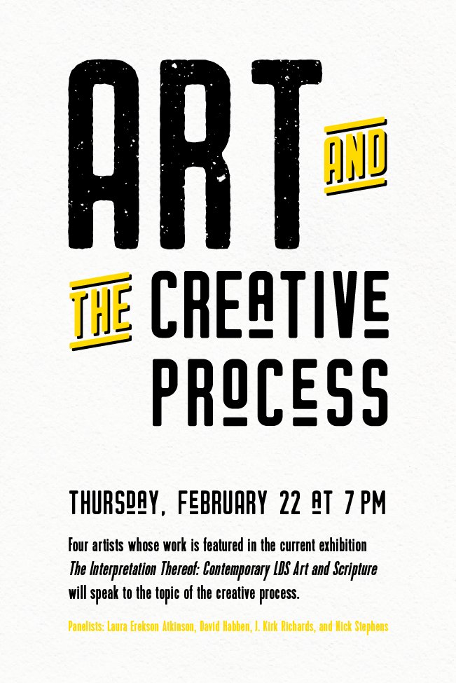 BYUMOA's tweet photo. Don't forget, "Art and the Creative Process" is TONIGHT at 7! Come hear Laura Erekson Atkinson, David Habben, J. Kirk Richards, and Nick Stephens talk about their art in "The Interpretation Thereof: Contemporary LDS Art and Scripture!" #byumoa #artistpanel #religiousart https://t.co/cnV794uR1d
