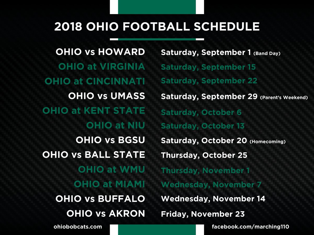 marching110's tweet photo. 2018 OHIO Football Schedule Released!

Visit https://t.co/v0GcuYjt23 for more information! https://t.co/UJFIhu5tct