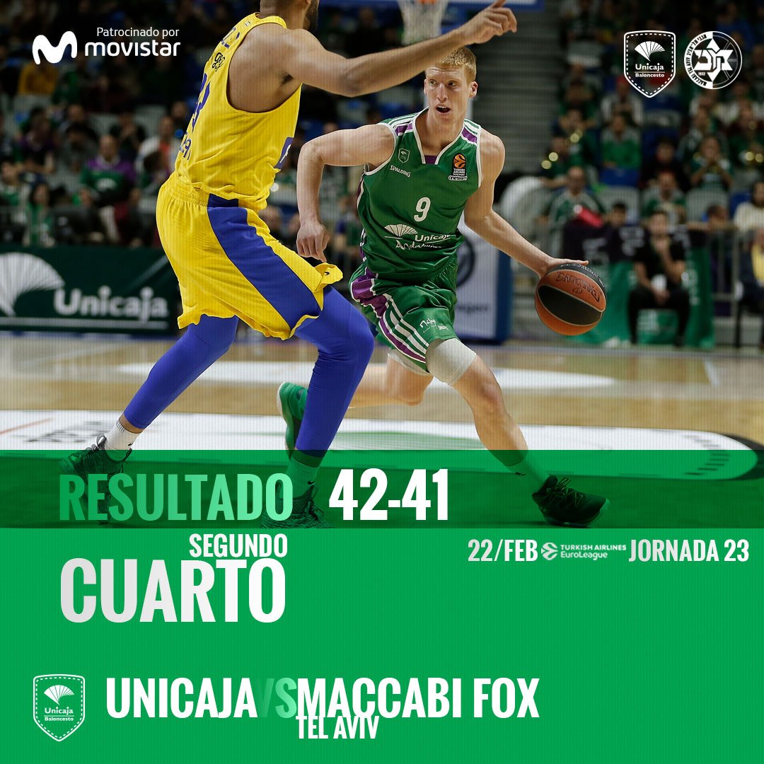 🏀Final del segundo cuarto 🆚 <a href="/MaccabitlvBC/">Maccabi Tel Aviv BC</a>  42-41 
🏆 J.23 <a href="/EuroLeague/">EuroLeague</a> ¡VAMOS! #UnicajaLive #Joan302  #GameON 💚💜💪