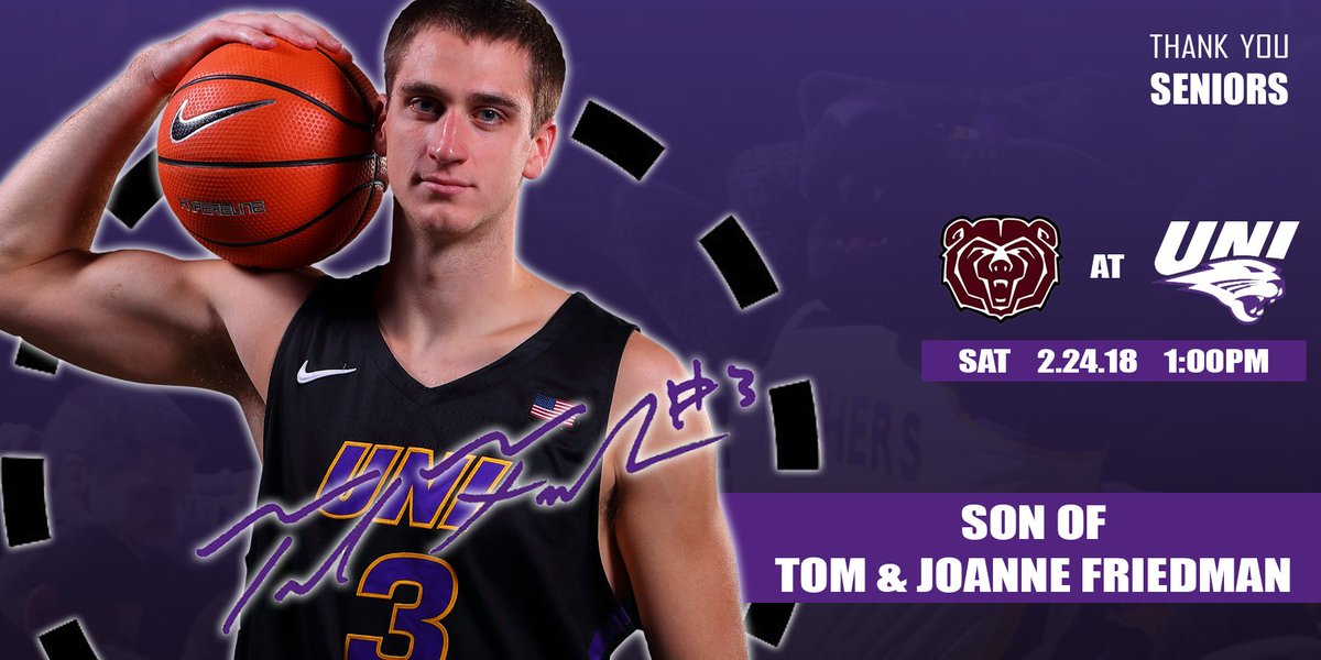 UNImbb's tweet photo. UNI senior @Ted_Friedman03  is from Ankeny, Iowa, and has played in 106 career games for the Panthers. Let's pack the McLeod Center for the Panther seniors Saturday at 1 p.m. against Missouri State. #UNIFight #MVCHoops https://t.co/ewvqmVNJ9f