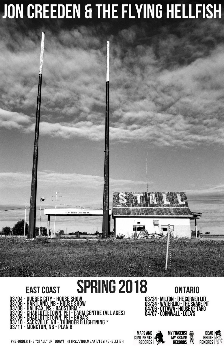 #TOUR Announcement: The Hellfish are ripping around the #maritimes and  #ontario in March! Let's hang out if you're nearby!

Don't forget the "Stall" pre-order is on now!  igg.me/at/flyinghellf…