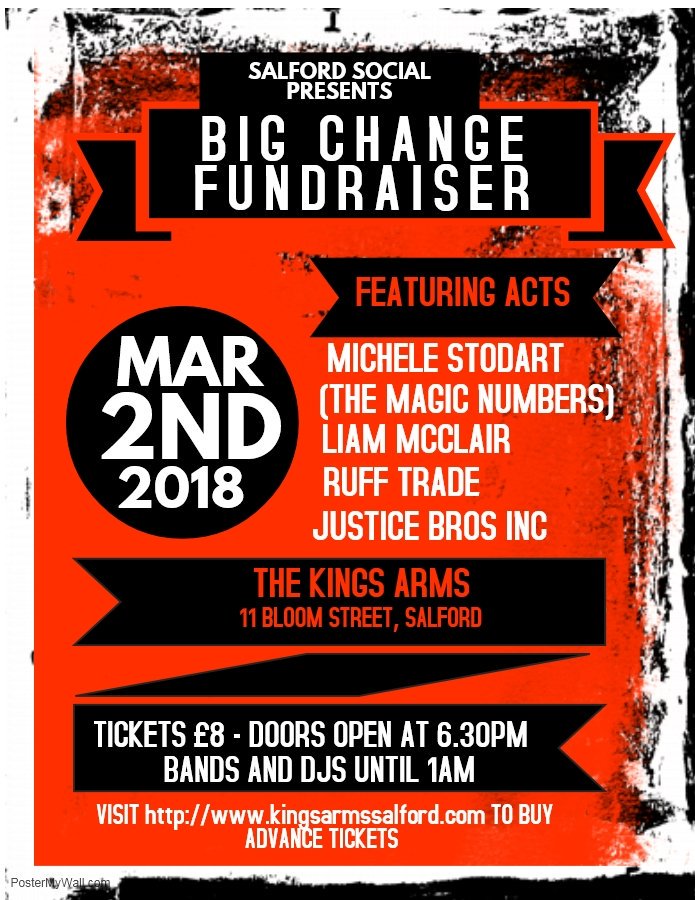 BC_Fundraiser_'s tweet photo. Hey @mcrwire Can you help promote our fundraiser please? Bands and DJs performing in aid of MCR homelessness charity Big Change on Friday 2nd March in @kingssalford Tickets can be bought via venue website. #bigchangemcr Thanks! https://t.co/D5XfaJXki6