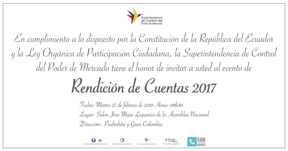 Competencia_Ec's tweet photo. Asiste a la #RendicióndeCuentas2017 de @AntiMonopolioEC y conoce más sobre los #HitosSCPM: https://t.co/T2THWIrW3S https://t.co/S4r5IBWNC7