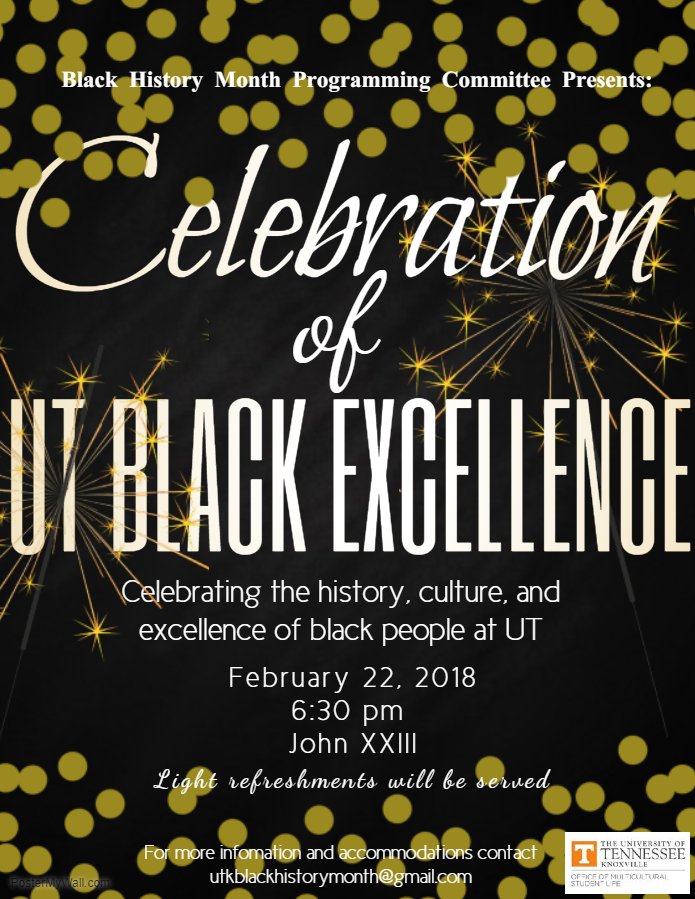 MSL_UTK's tweet photo. Reminder! Celebration of UTK Black Excellence is tonight at 6:30 pm, in John XXIII Catholic Center. Join us for light refreshments, and to celebrate the history, culture, and excellence of black people at UT! #UTKBHM https://t.co/fi5WW2QN9y
