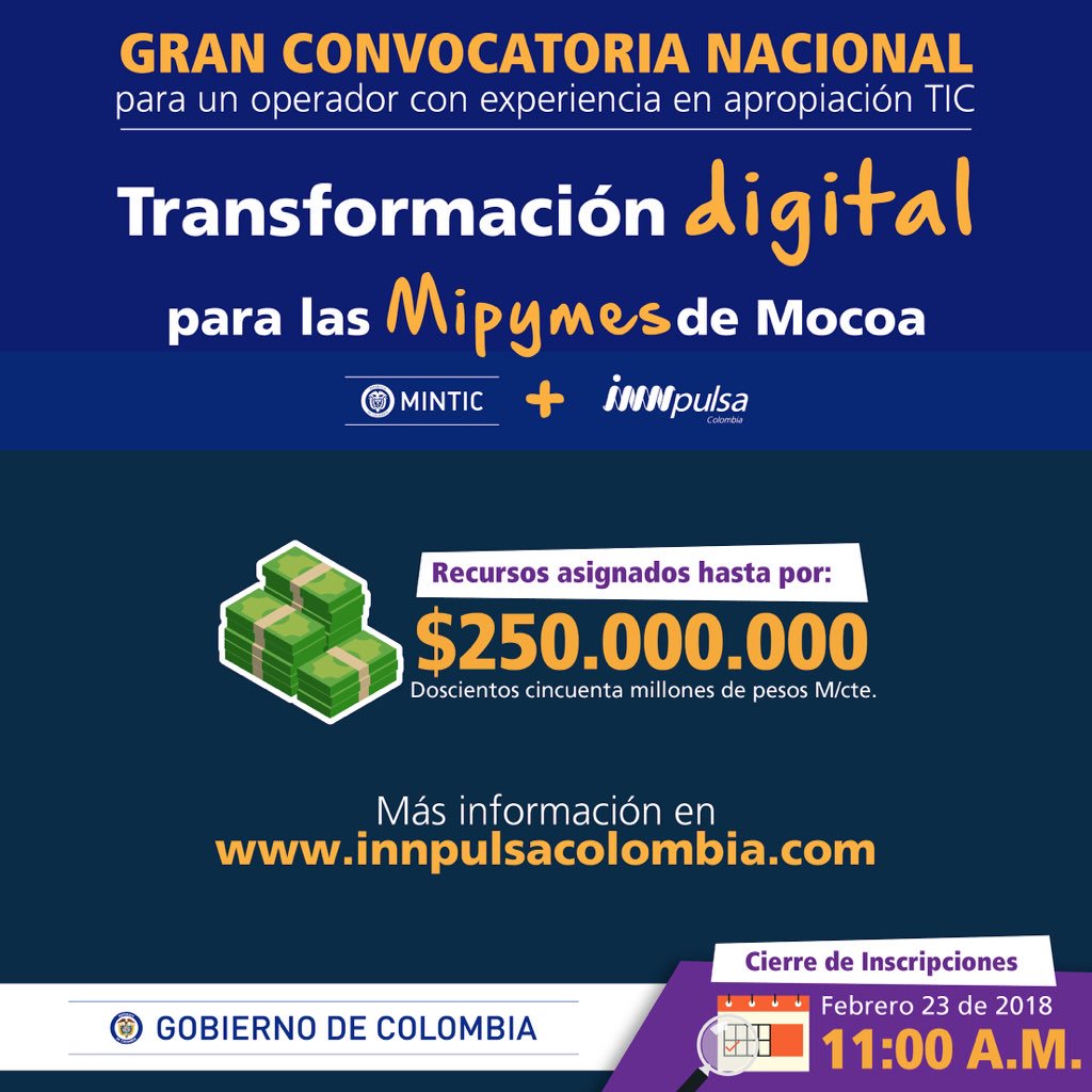 GratinianoSuar1's tweet image. ¡Nueva fecha de cierre! Inscríbete hasta el 23 de febrero en la gran convocatoria nacional que @Ministerio_TIC e @InnpulsaCol tienen para seleccionar una empresa consultora en #TransformaciónDigital → bit.ly/2E3BGsY #TodosConMocoa