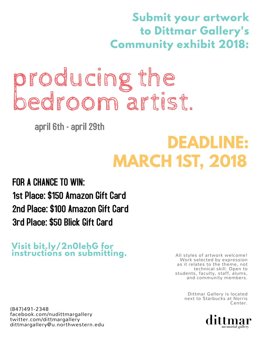 DEADLINE to submit work for Dittmar Gallery's Community Exhibit 2018 is MARCH 1st! ALL ART FORMS AND EXPERIENCE LEVELS WELCOME! Submit at bit.ly/2n0IehG.