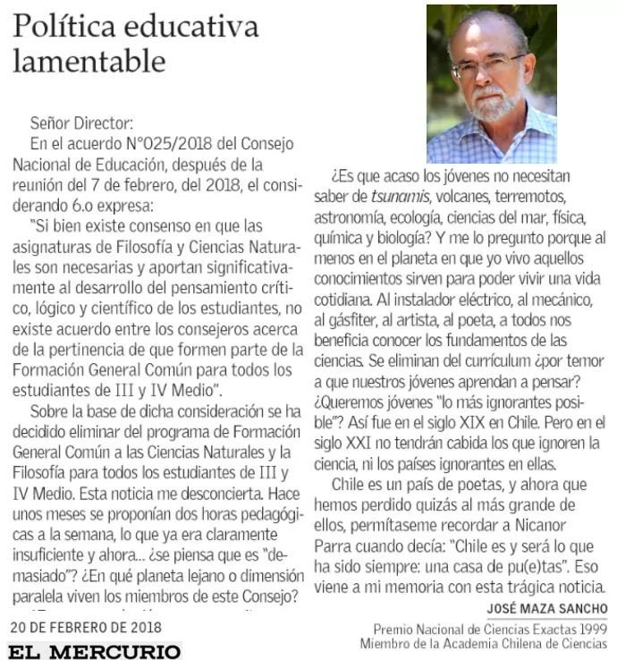 labeasanchez's tweet photo. "Se eliminan del currículum (ciencias naturales y filosofía) ¿por temor a que nuestros jóvenes aprendan a pensar?"  Se lo pregunta el Premio Nacional de Ciencias Exactas José Maza y no encuentro otra explicación. Me pregunto ¿a quienes les conviene? https://t.co/YPovxl8vfO