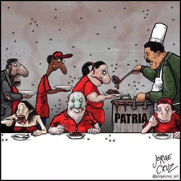 caRTOON MADURO ladels out fowl goop from pan marked 'patria'