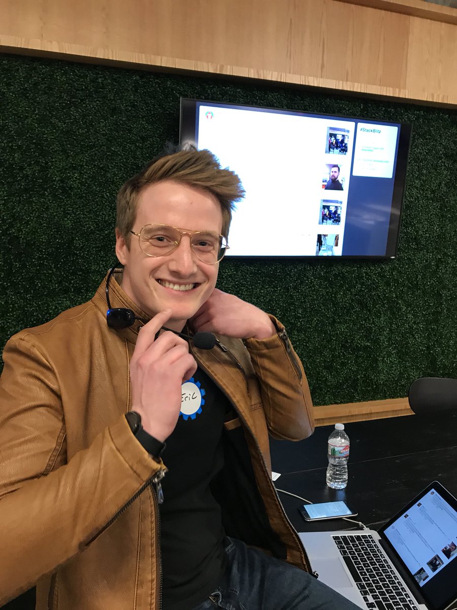 zachtratar's tweet image. Eric looking like that guy in Mr Robot at the #StackBlitz party and Angular.js talk.