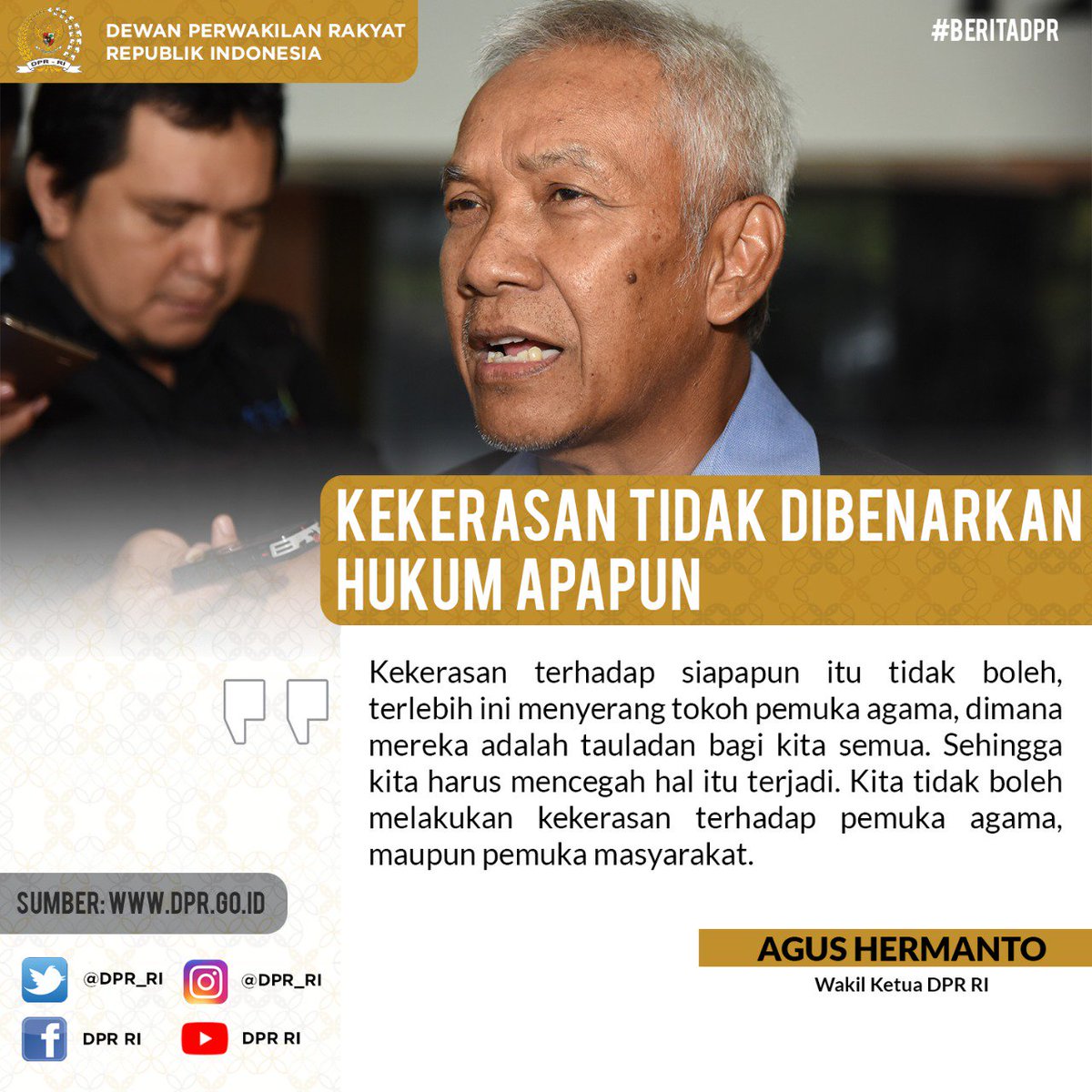 DPR_RI's tweet photo. Kekerasan Tidak Dibenarkan Hukum Apapun. #DPRQuotes https://t.co/XEerUnuEam