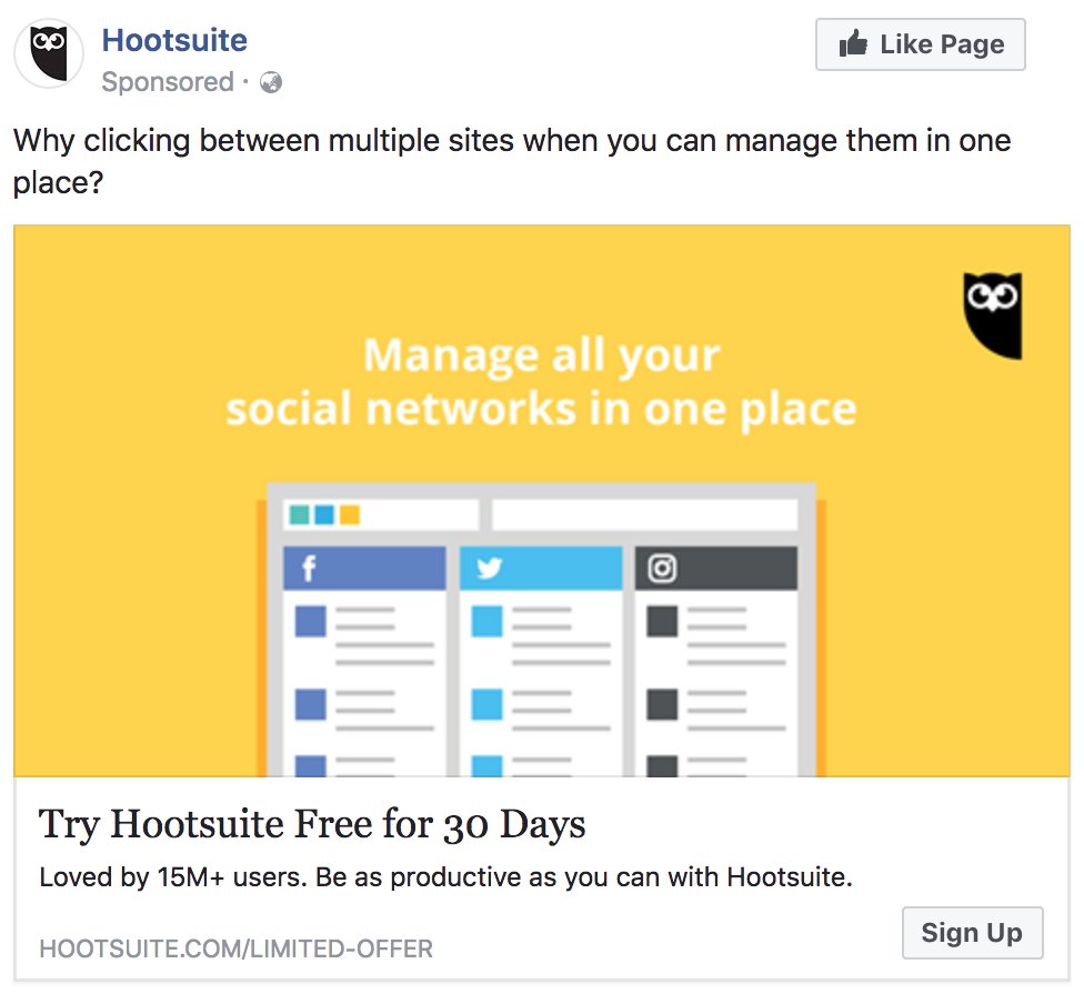 isimanin's tweet photo. @hootsuite— Just wanted to let you guys know you're running a @facebook Ad campaign with a spelling mistake. @Hootsuite_Help 

Change "clicking" to "click" and consider changing the last sentence after "Loved by 15M+ users." https://t.co/C7qm4Scz9E